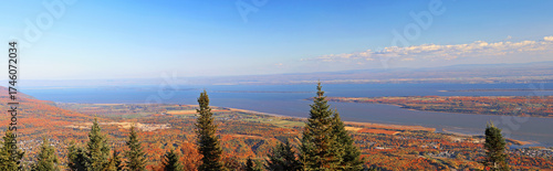 Aerial view over the St Lawrence River from Mont Sainte Anne in autumn, Quebec, Canada