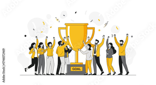 Illustration of a Business Team Celebrating Success with a Trophy and Goal Achievement