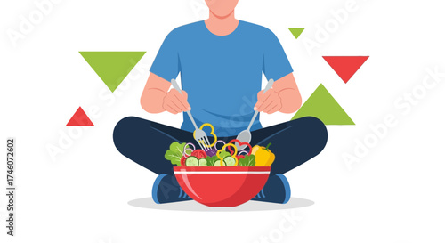 Healthy man eating salad sitting cross-legged preparing a healthy meal on a white background