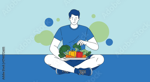 Healthy Man Meditating Embracing Nutritious Vegetables For Body And Soul Harmony