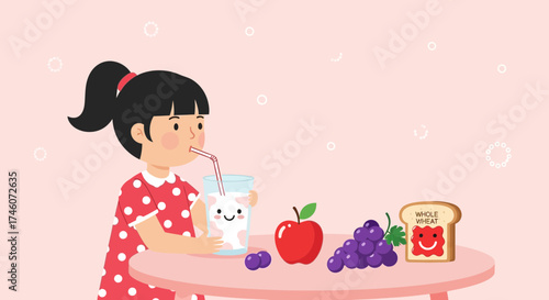 Healthy Mealtime: A Little Girl Enjoying Milk and Fresh Fruits in Dotted Dress