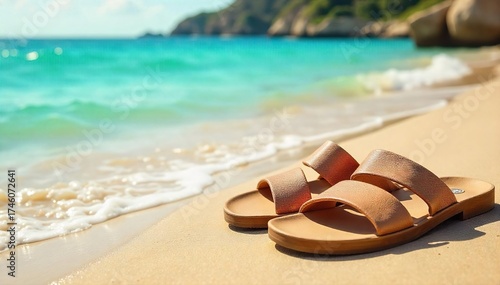 Wallpaper Mural Stylish Sandals Resting on Warm Sand A Relaxing Beach Scene Perfect for Summer Travel and Vacation Advertising Torontodigital.ca