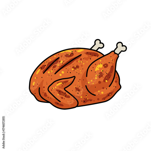 Roasted Chicken Illustration with Golden Brown Skin and Cartoon Style