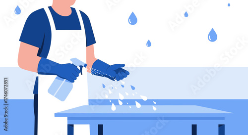 Hygiene Protocol: Sanitization Illustration of a Professional Employee Sanitizing Work Surfaces
