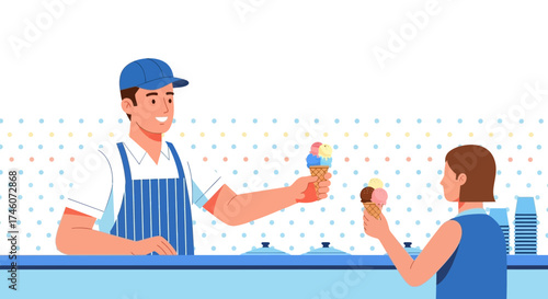 Ice Cream Seller Serving Customer With Cones Smiling In Cartoon Illustration Style