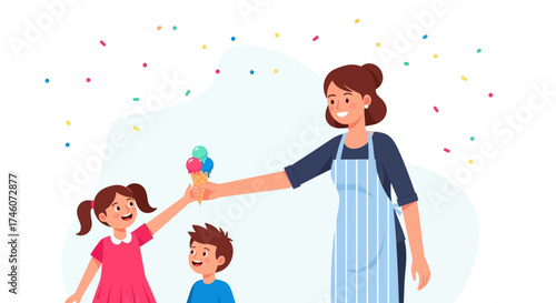 Ice cream seller giving ice cream to children in a whimsical and colorful illustration