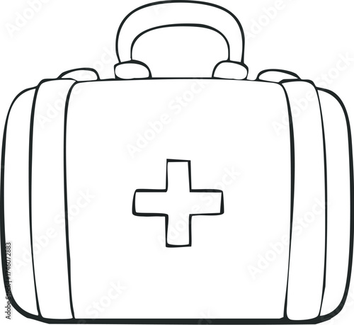 A black and white illustration of a first aid kit with a prominent white cross on the front.
