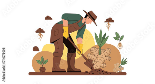 Illustration of a farmer harvesting ginger in a garden with plants and shovel in hands
