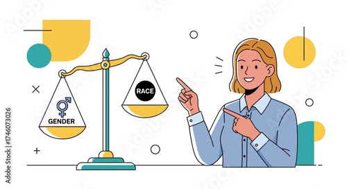 Illustration depicting a balance scale with gender and race, concept of equality