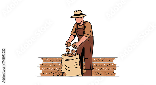 Illustration of a Farmer Harvesting Potatoes and Putting them in a Sack on White Background