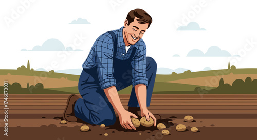 Illustration of a Farmer Harvesting Potatoes in a Field on a Sunny Day