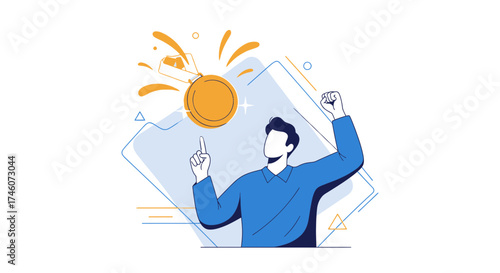 Illustration depicting a man celebrating success with a medal and a winning gesture