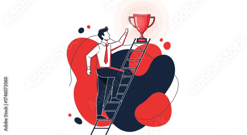 Illustration of a businessman climbing a ladder to achieve success and reach a trophy