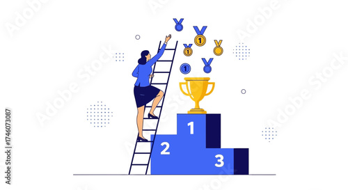 Illustration depicting a woman achieving success and reaching a prize through effort