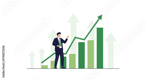 Illustration of a businessman presenting a growing financial graph and a rising business chart