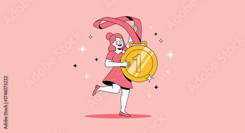 Illustration depicts a woman celebrating a medal, representing success and achievement