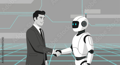 Illustration of a businessman shaking hands with an AI robot in a futuristic setting