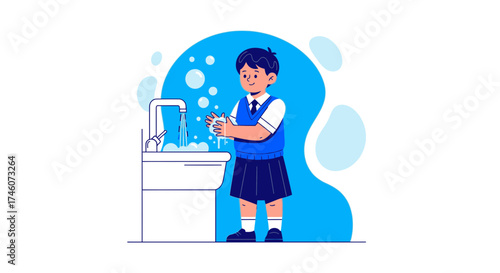 Illustration image of a school boy washing his hands to keep himself clean