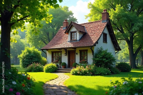 Wallpaper Mural Charming Cottage Retreat Sunlight Drenched Country Home, Idyllic Peaceful Living, Lush Greenery, Cozy Interior, Real Estate Torontodigital.ca