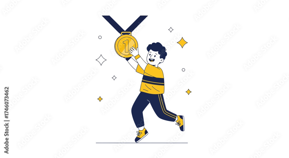 Fototapeta premium Illustration of a celebrating child holding a gold medal with the number one