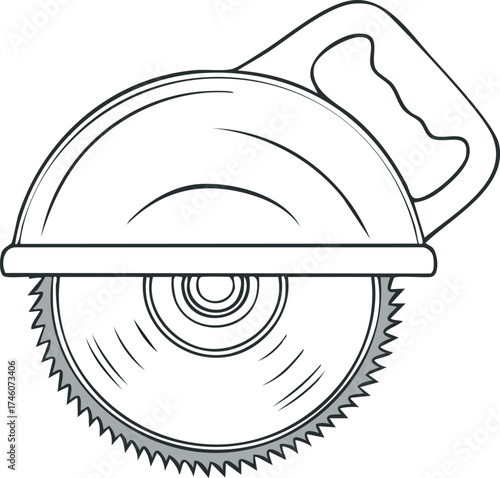 An illustration of a circular saw with a blade and handle, depicted in black and white outline.