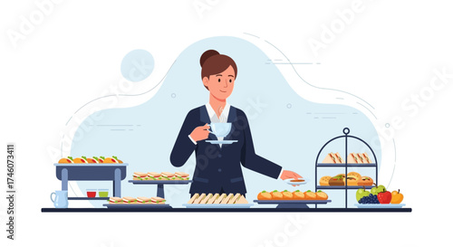 Illustration of a Businesswoman Holding a Cup of Tea Surrounded by Snacks and Delicacies
