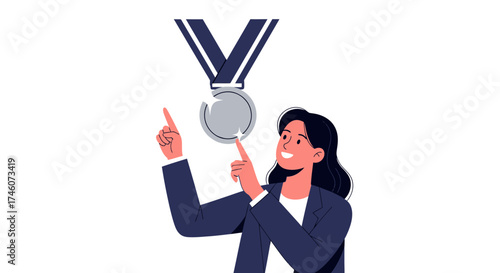Illustration of a businesswoman pointing towards a medal symbolizing achievement