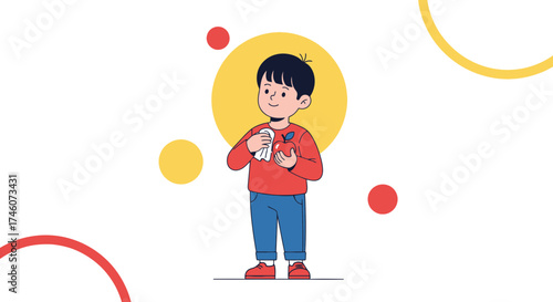 Illustration of a cartoon boy holding an apple and wiping it with a cloth in hand