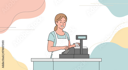 Illustration of a cashier processing a purchase using a cash register at the counter