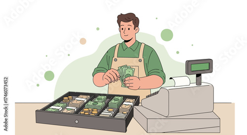Illustration of a cashier counting money at a cash register in a shop or store