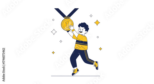 Illustration of a celebrating child holding a gold medal with the number one