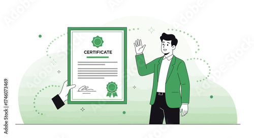 Illustration of a certificate being presented to a happy person receiving recognition