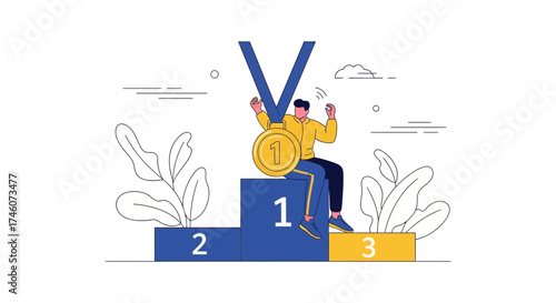 Illustration of a Champion Celebrating Victory on a Podium with a Gold Medal