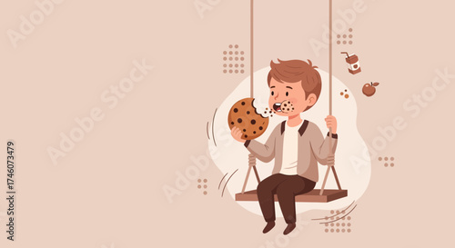 Illustration of a boy eating a cookie on a swing set, enjoying a snack time