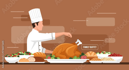 Illustration of a chef preparing a family buffet with roasted chicken and side dishes