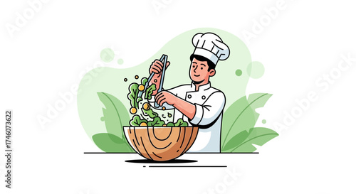 Illustration of a chef preparing a salad in a kitchen, healthy food concept art vector