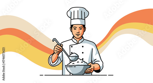 Illustration of a chef preparing food in a modern and colorful design