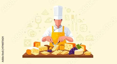 Illustration of a chef preparing cheese with assorted types, cut, and presentation