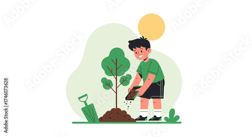 Illustration of a boy planting a tree symbolizing environmental protection and sustainability