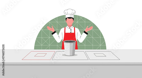 Illustration of a chef presenting something related to food preparation with an open gesture