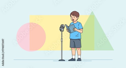 Illustration of a Boy Reading a Book and Speaking into a Microphone in a Studio
