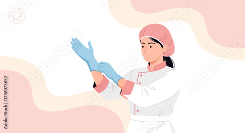 Illustration of a chef wearing gloves in the kitchen ready for food preparation
