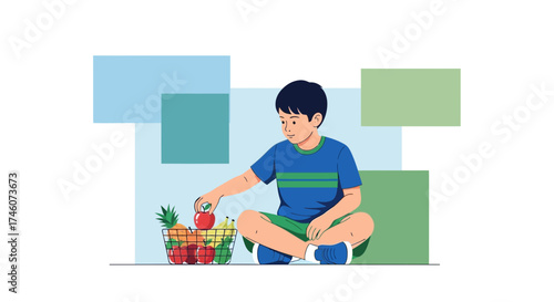 Illustration of a child choosing apple from a basket of fruits showcasing healthy eating