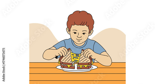 Illustration of a boy with a grilled cheese sandwich on a white plate enjoying food