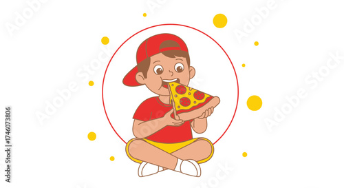 Illustration of a child enjoying a slice of pizza, simple vector design