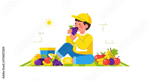 Illustration of a child enjoying fruits, healthy eating concept in a minimalist style