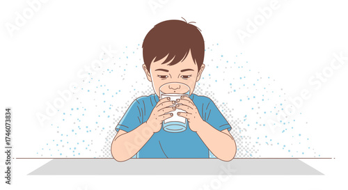 Illustration of a child holding a glass of water taking a sip and drinking