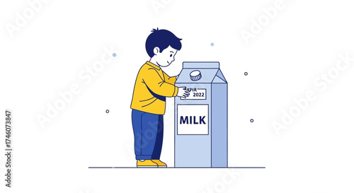 Illustration of a child looking at a milk carton with an expiration date on it