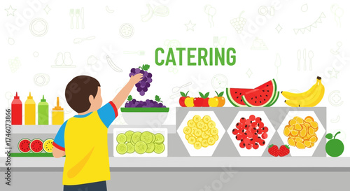 Illustration of a child picking up grapes from a fruit platter at a catering service