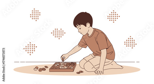 Illustration of a child playing with objects with an educational theme in the house